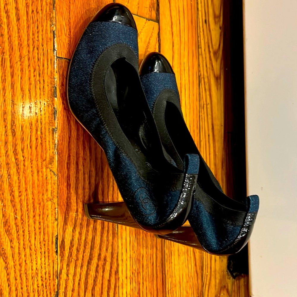 Navy Chanel heels with black patent toe and heels